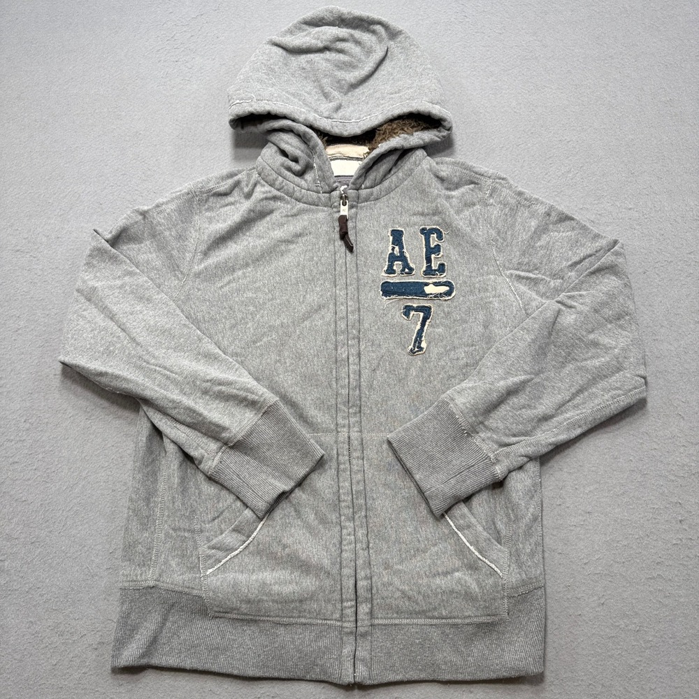 American Eagle Hoodie Men's Large Gray Zip Up Thermal Faux Fur Lined Sherpa Hood